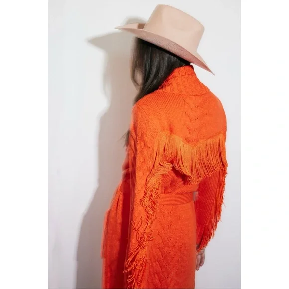 Understarted Leather Rodeo Duster Cardigan Sweater Med Orange Fringe Western - Picture 4 of 16